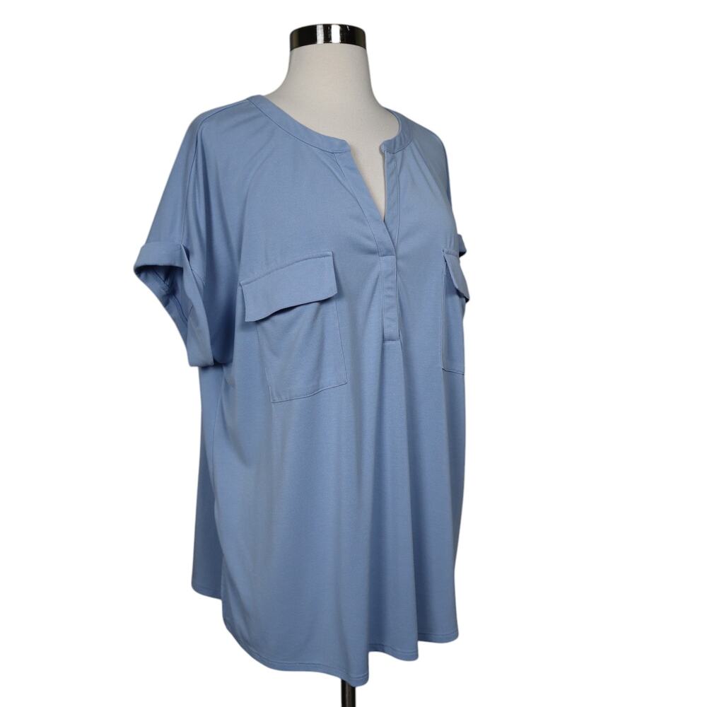 J Jill Womens V Neck Cuffed Short Sleeve Top Size XL Periwinkle Blue Modal Blend